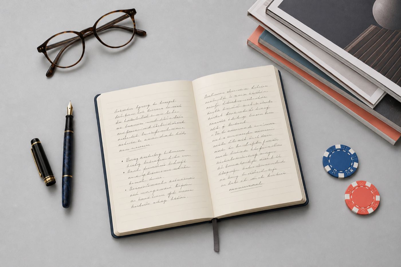 An open notebook, reading glasses and a fountain pen on a desk, representing an independent editorial review process