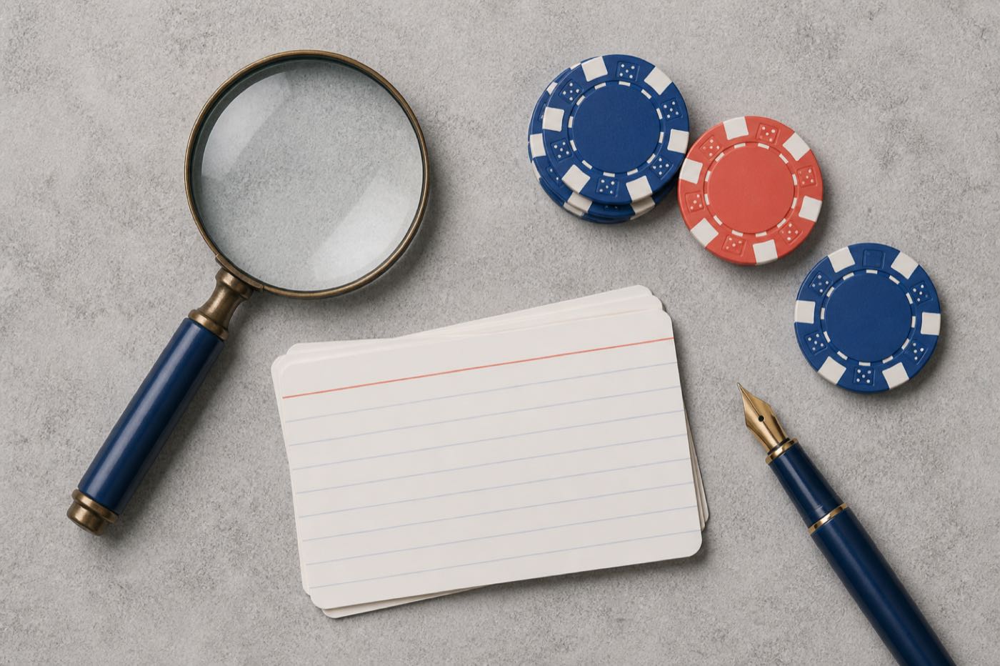 A magnifying glass, index cards and casino chips arranged on a table, representing careful side-by-side comparison