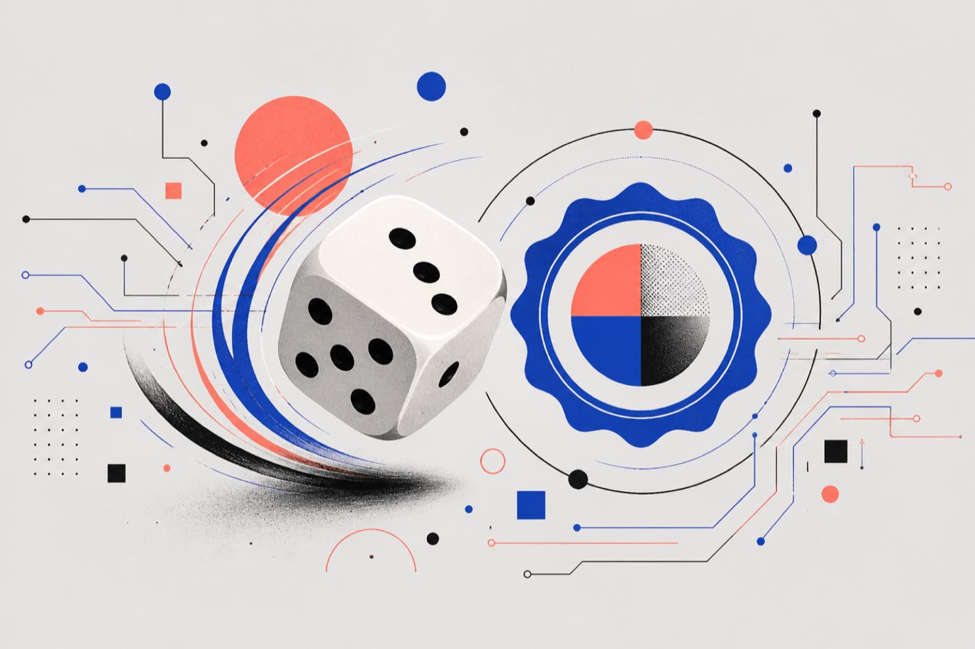 An abstract composition of a die, a certification seal and circuit-like lines representing randomness and fairness testing